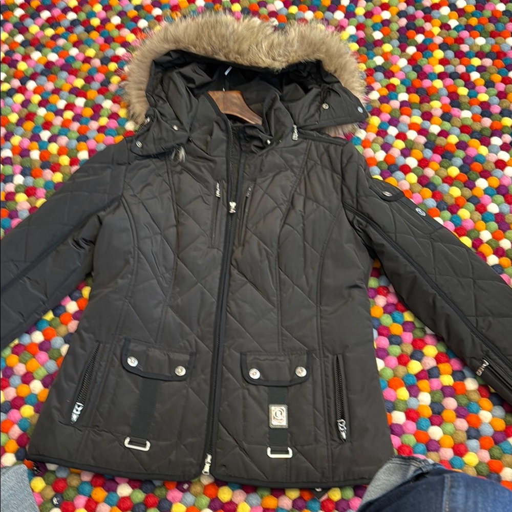 Bogner Black Quilted Jacket with Fur Hood